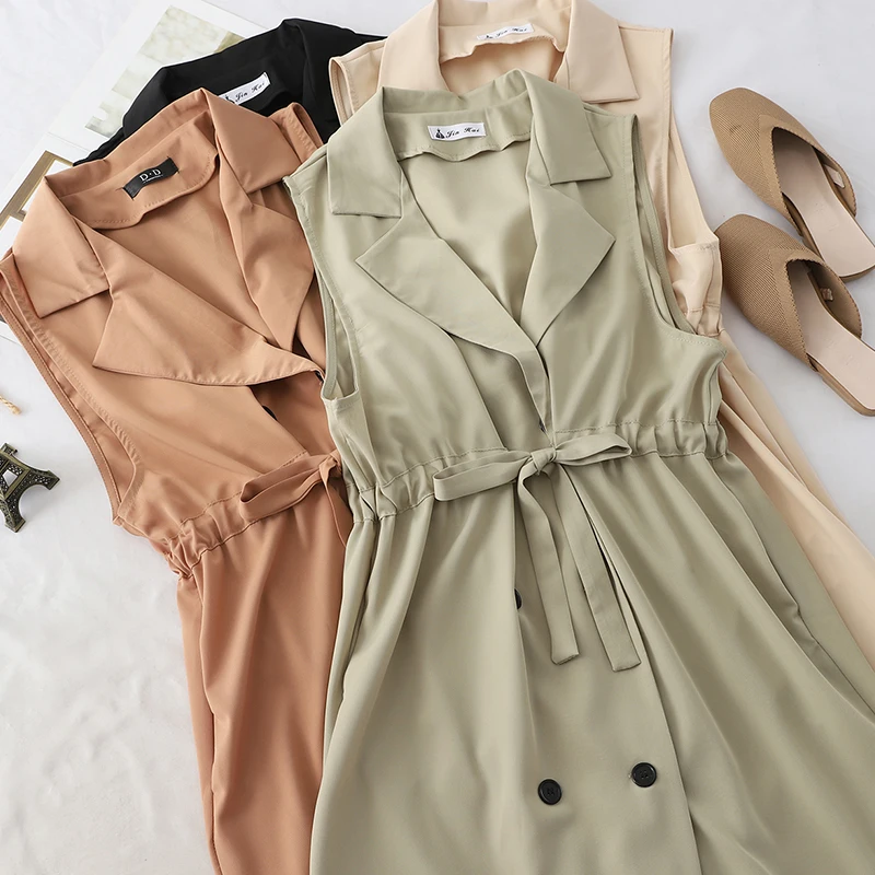 

SKOONHEID Sleeveless Solid Shirt Dress Women Autumn Casual Office Lady Work Dress Midi Long Notched Dress Elegant Blazer Dresses
