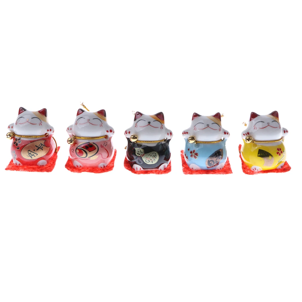 Set of 5 Ceramic Japanese Lucky Cat Fortune Kitten Figurines Cute Smiling Waving Fortune Cat Toy Home Car Decor Ornament #D