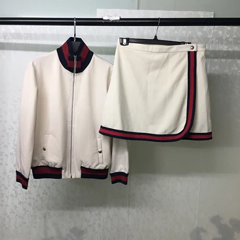 

Autumn Two Piece Sets For Women Skirt Set Elegant Mini Skirt And Zipper Jacket High Quality Lady Suit 2019