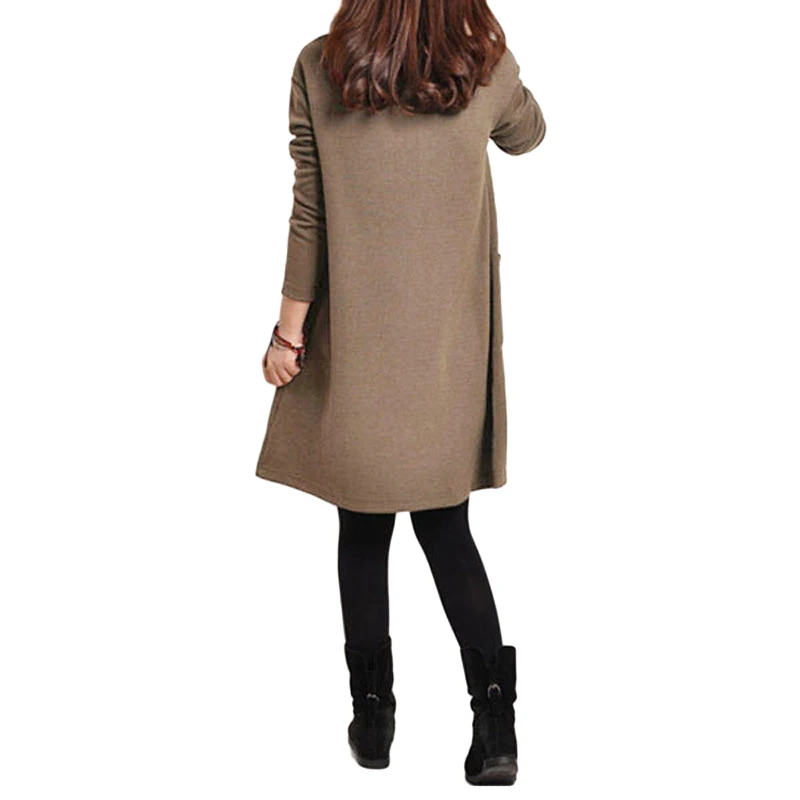 Осенне-зимнее женское платье с длинным рукавом, мини платье размера плюс 3XL 4XL 5XL, женское школьное платье с карманами, одноцветное Свободное платье с v-образным вырезом
