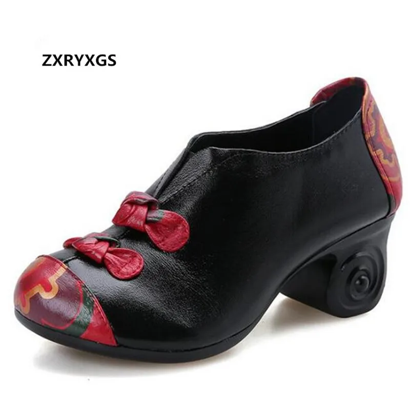 Mode Talons Bowknot Noir Impression Cm Profonde Vache Chaussures Printemps De Rétro Peu Cuir Hauts 2018 Élégant 5 Femmes Nouveau En Bouche w7gaqxn6Tt
