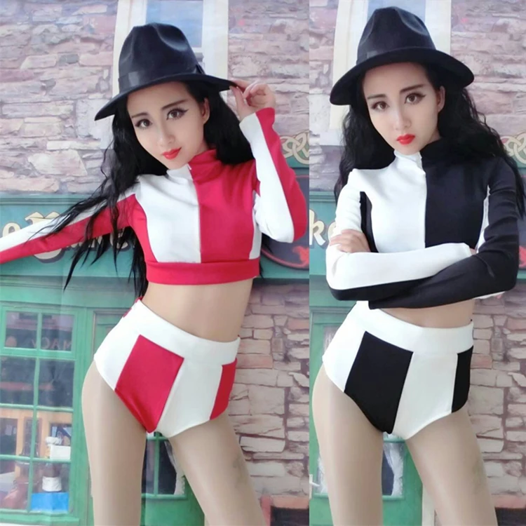 

Fashion Sexy Female Singer Black and White Striped Hip Hop Dance Costumes set