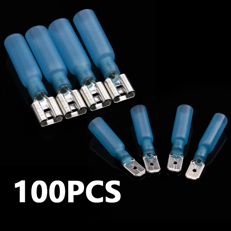 

100PCS Waterproof Insulation Blue Spade Heat Shrink Terminals Connectors PE Copper Quick Splice Wire connector AWG 16-14