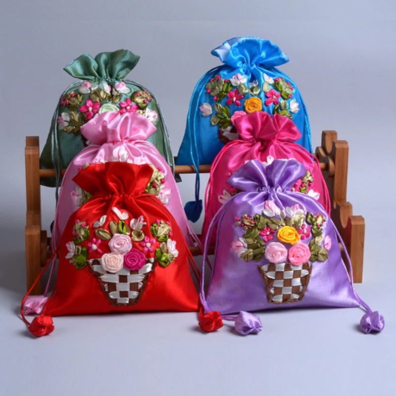 5 Colors Silk Drawstring Gift Bag for DIY Craft Jewelry Pouch Birthday