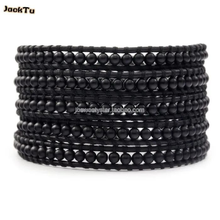 

Free shipping round onyx black leather 5 wrap bracelet for woman