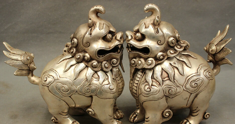 

JP S0114 8" Chinese Silver FengShui PiXiu Unicorn Statue Lion Head Incense Burner Pair B0403