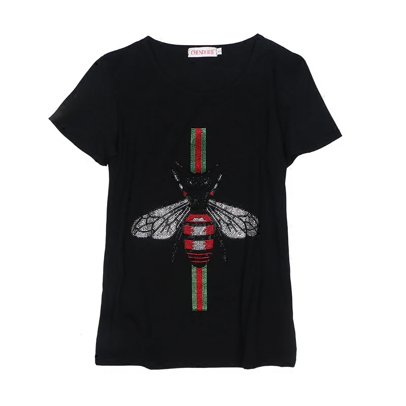 Tanie T shirt damski diament z krótkim rękawem bawełna prosta długa koszula letnie koszulki topy nowe dorywczo gorące dzikie panie Rhinestone