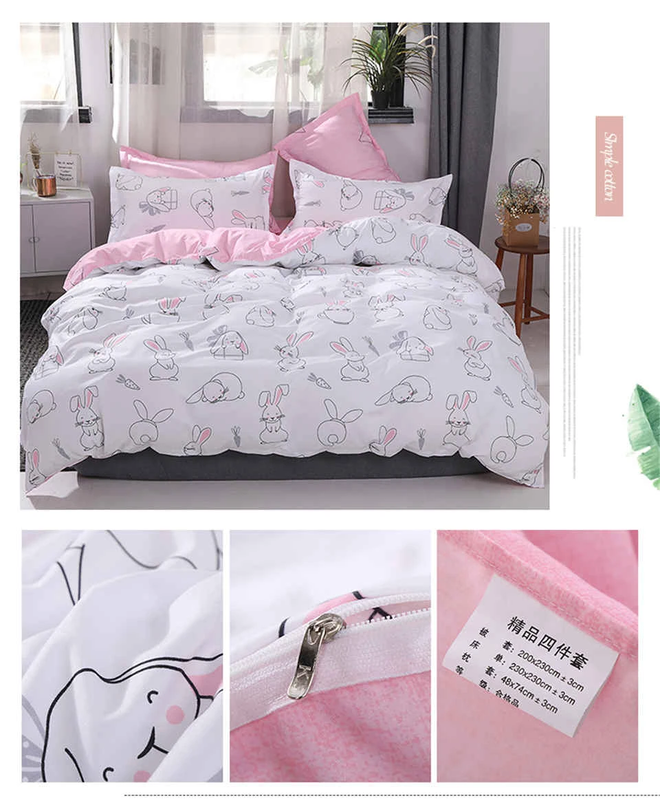 SlowDream Bedding Set Cartoon Lovely Rabbit Pink Girl Bedspread Double Queen Adult Child Duvet Cover Set Bed Linen Flat Sheet