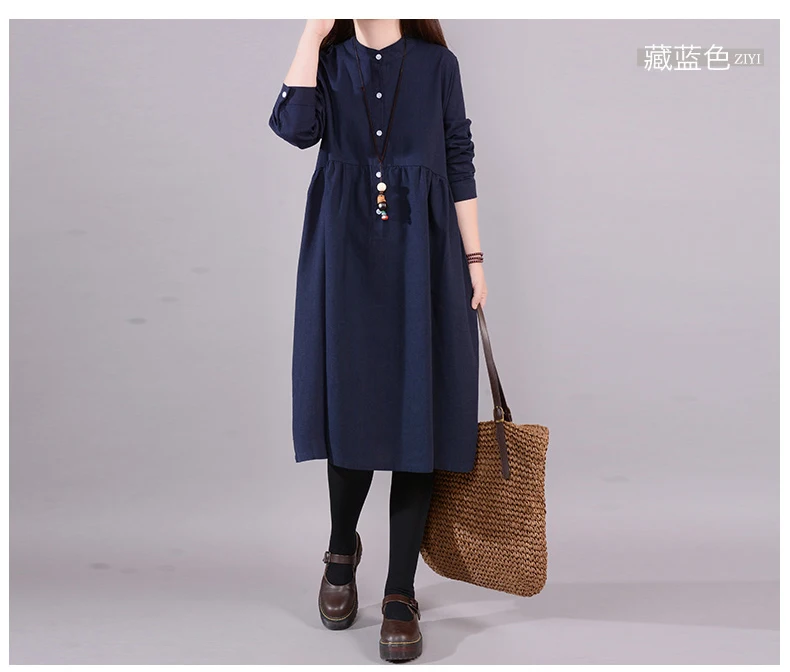 9521 Oversize Dresses Women Long Sleeve Elegant Loose Casual Dress Large Size Solid Button Vintage Cotton Linen Dress Vestidos Mujer 7