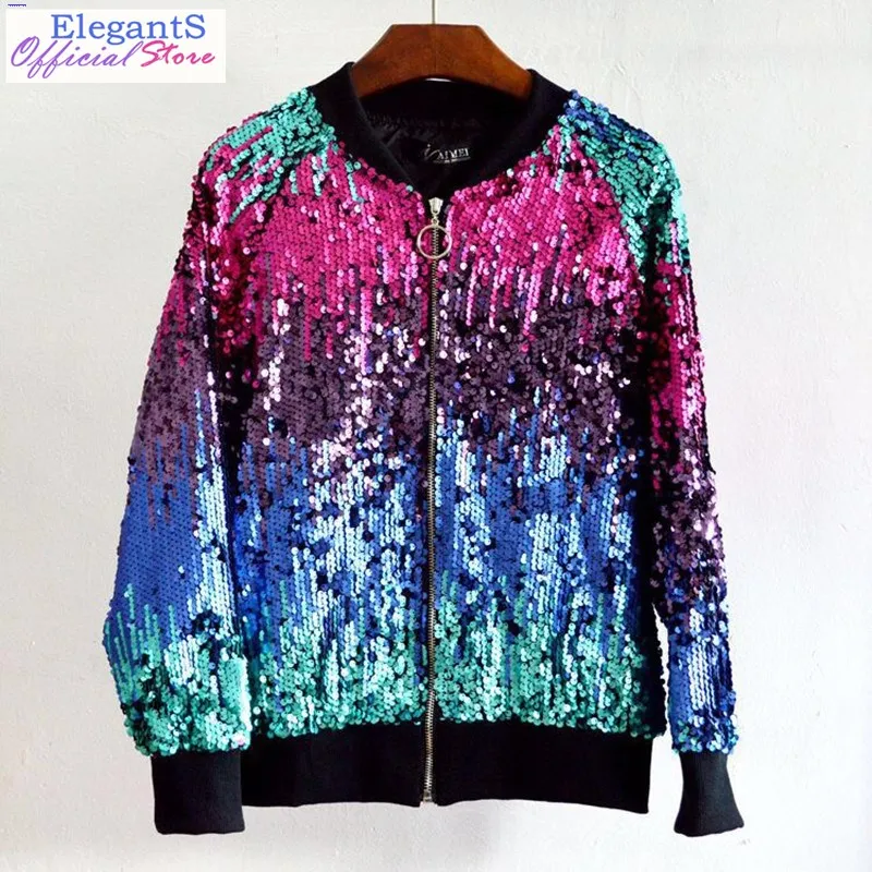 

Women Sequin Jacket Coat Bling Shiny Spark Club Stage Punk Style Basic Coats Rainbow Bomber Jackets Hip Hop Streetwear Outwear