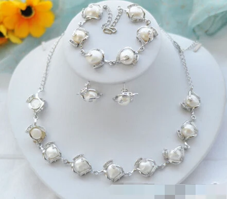 

free shipping 07735 white baroque freshwater pearl earring bracelet necklace (A0423)