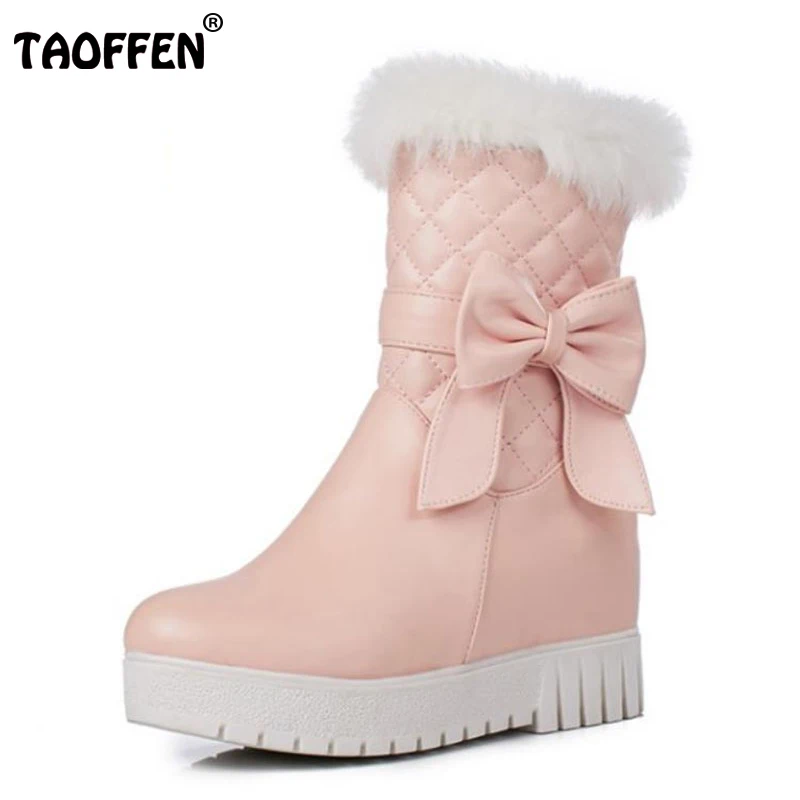 

TAOFFEN Size 34-43 Women Mid Calf Flats Boots With Bowtie Zipper Flat Boot Warm Fur Shoe Winter Short Botas For Woman Footwear