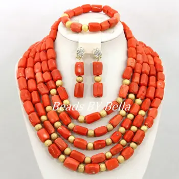 

Luxury Red Coral Beads African Jewelry Set Women Costume Wedding Nigerian Bridal Jewelry Set Fashion Free Shipping ABY750