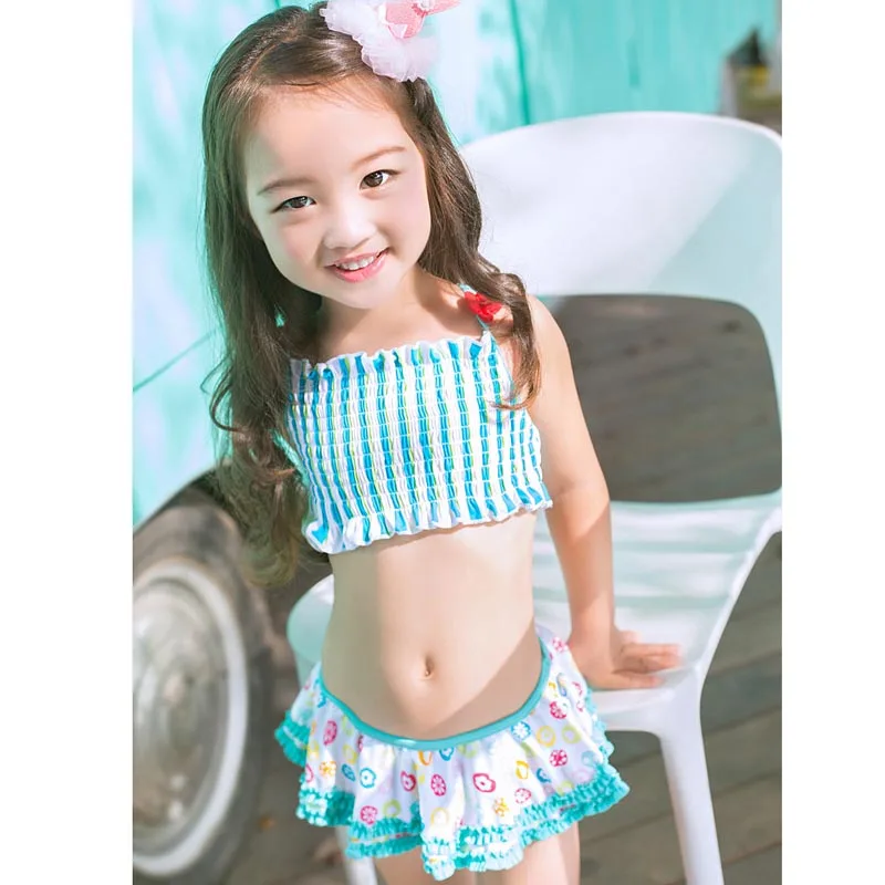 Swimsuit for girls children swimming suit lovely blue lace ruffle skirt
