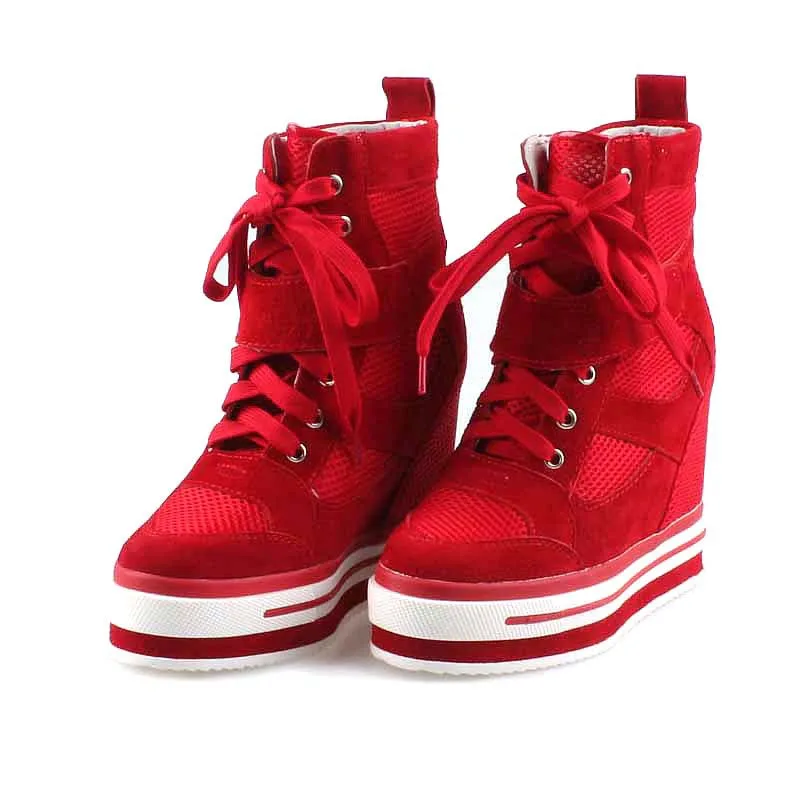 Новинка года; Модные женские невидимые туфли на танкетке со шнуровкой; дышащие сетчатые высокие женские сапоги, увеличивающие рост - Цвет: red