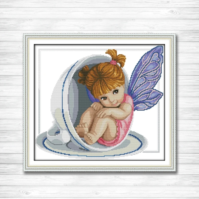 

A little angel in the cup baby girl paintings counted print on canvas DMC 11CT 14CT kits Cross Stitch embroidery needlework Sets