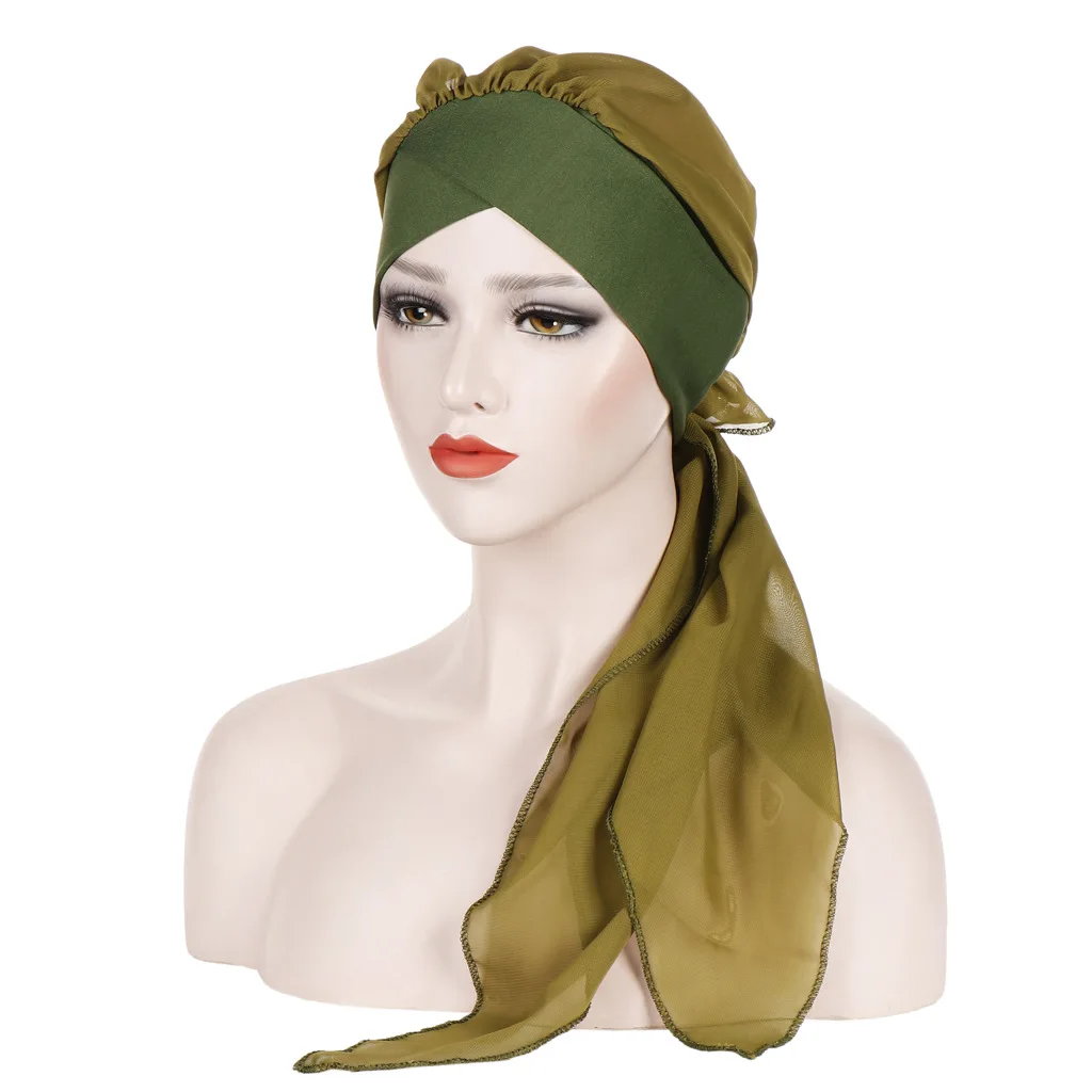 

Helisopus New Pre-Tied Turban Muslim Headwear Women Solid Color Chiffon Bandanas Headscarf Women Hair Accessories