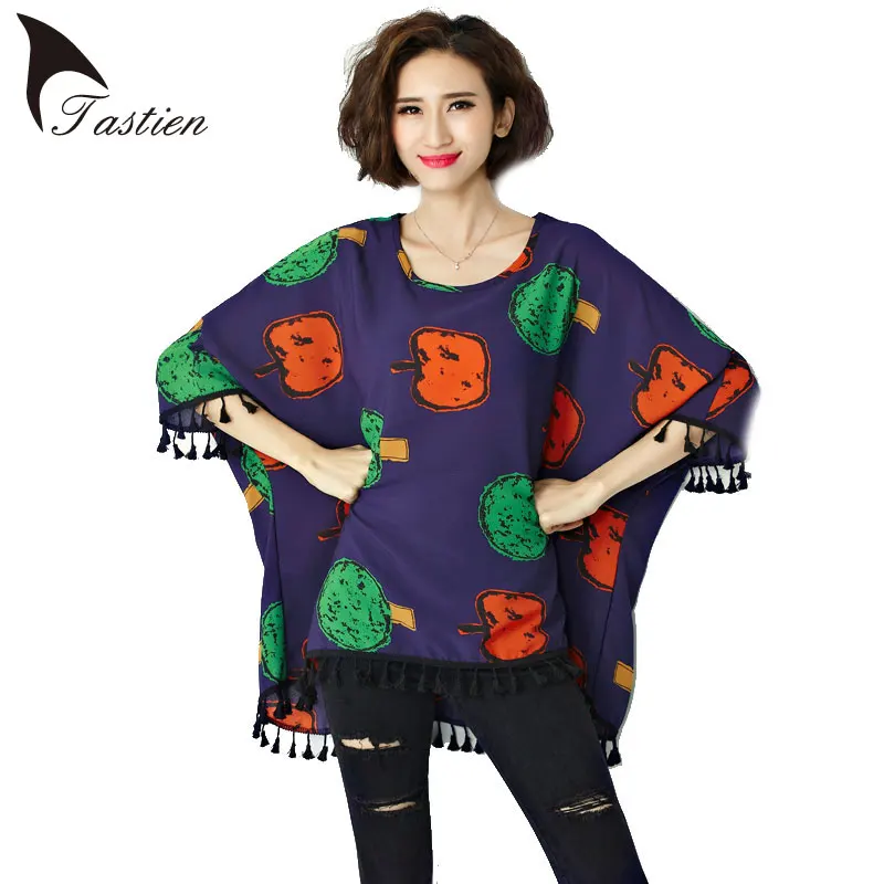 

12 Colors Big Size 60KG-130KG Womens Chiffon Blouses Shirts blusas Batwing Sleeve Print Lady Asymmetric Shirts TASTIEN Hot Sale