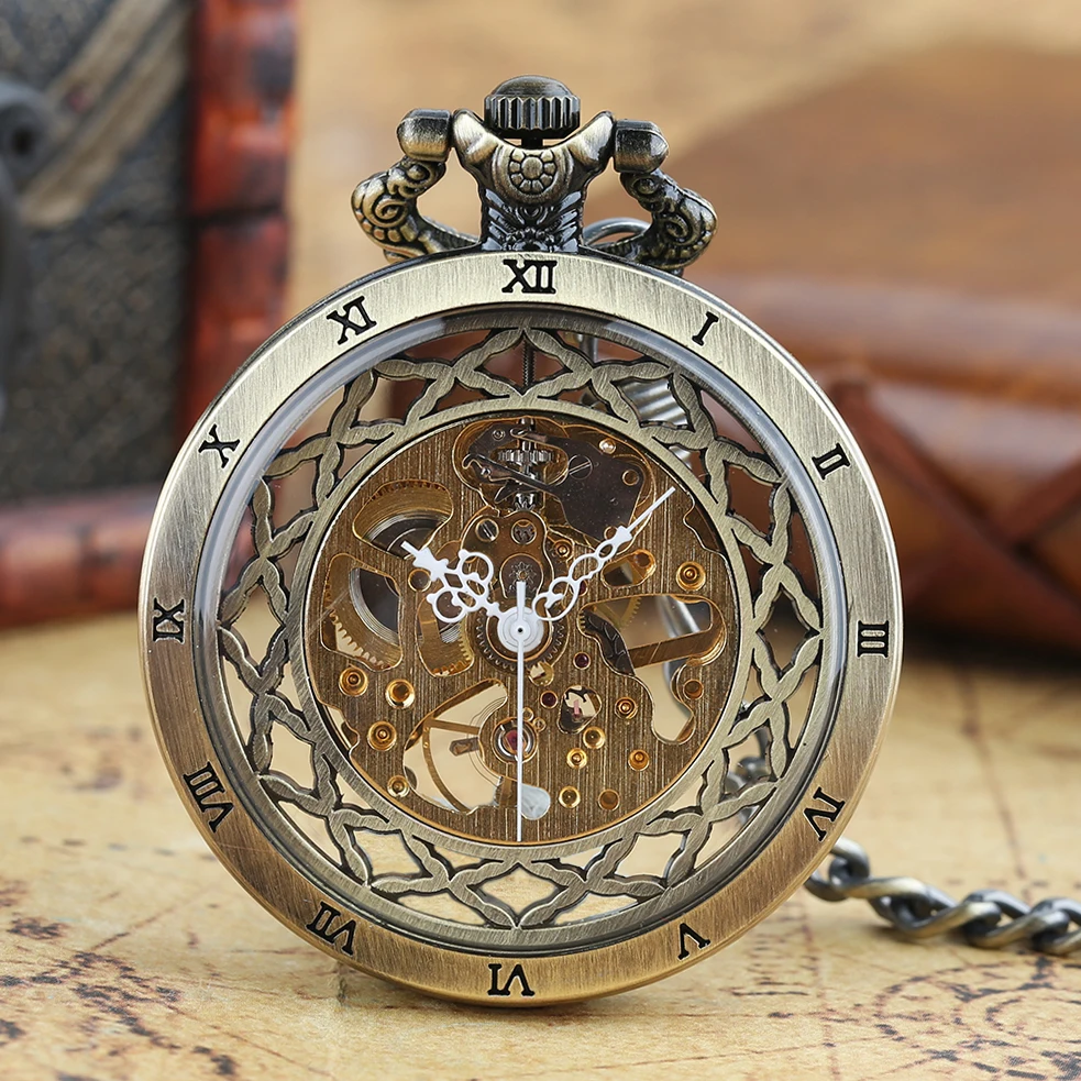 

Vintage Transparent Hollow Design Mechanical Pocket Watch Unisex Antique Fob Pendant Chain PocketWatch Hand Wind Clock Gift