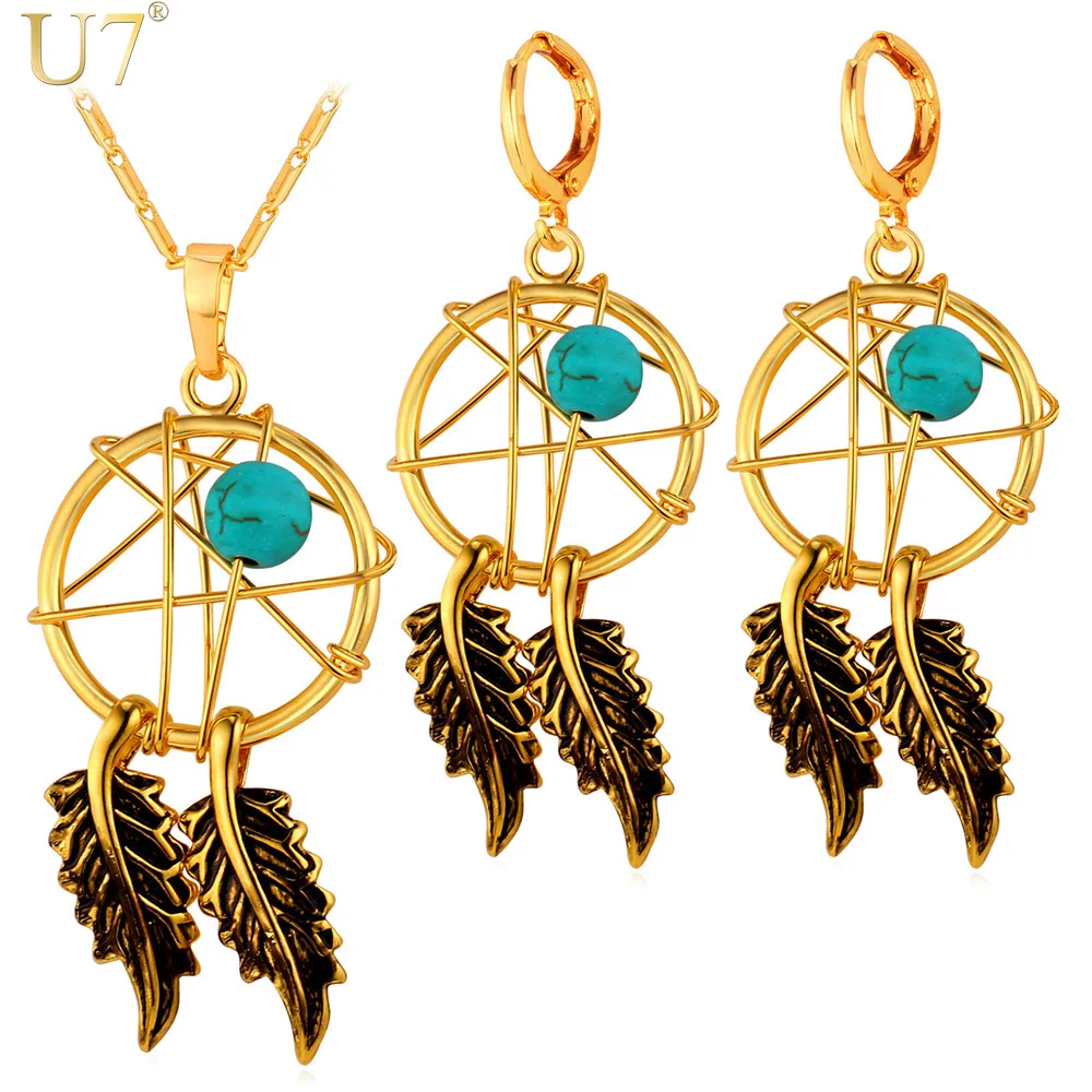

U7 Hot Gold Color Jewelry Set Native American Style Women Fashion Jewelry Set Dream Cather Necklace Earrings Set S827