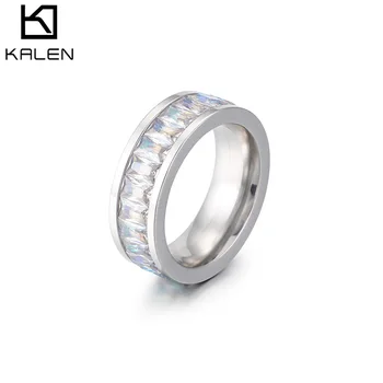 

KALEN Simple Cheap Color Color Smooth Stainless Steel Square White Cubic Zirconia Rings For Women Engagement Wedding Rings Gift