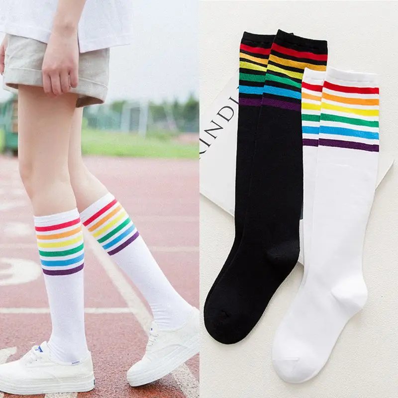

Women Girls Cotton Rainbow Colorful Striped Knee High Socks Autumn Breathable Ribbed Knit Stay Up Sports Tube Hosiery Stockings