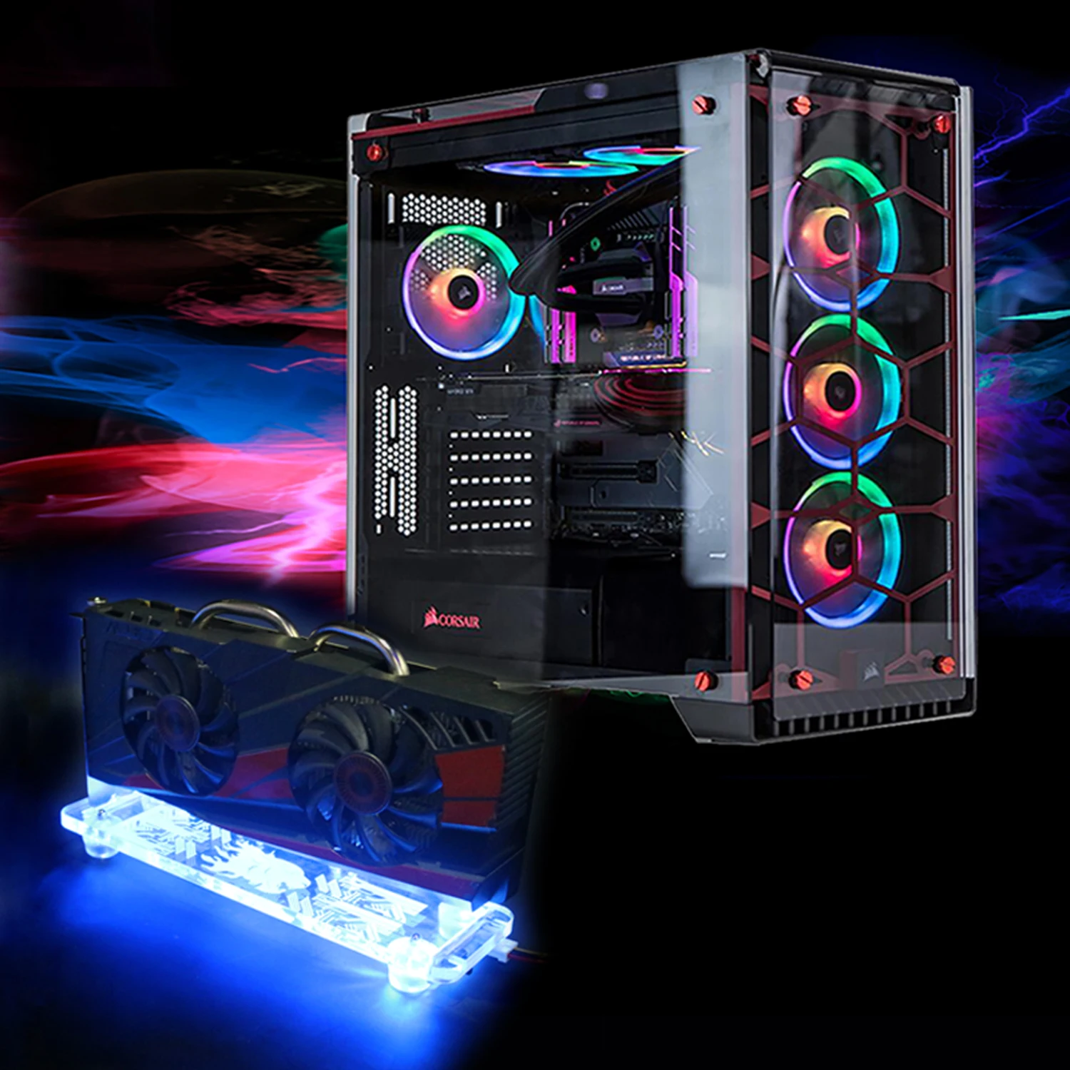 PCI- E 3.0 16X Graphics Card vertical kickstand/base with RGB LED Light for DIY ATX case