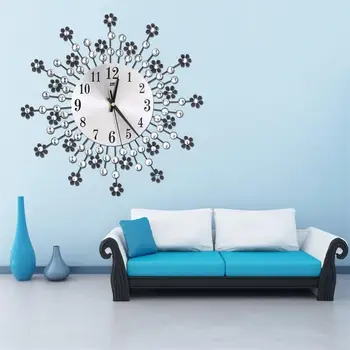 

New Vintage Metal Crystal Sunburst Luxury Diamond Rhinestone Floral Wall Clock Analog Metallic Living Room Bedroom Decor