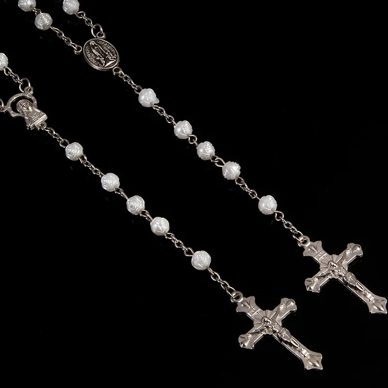 

Fatima White Rose Rosary Cross Necklace, Rose Fatima Prayer Blessing Jewelry Necklace. Gift Fatima Center Rosary Necklace.48pcs