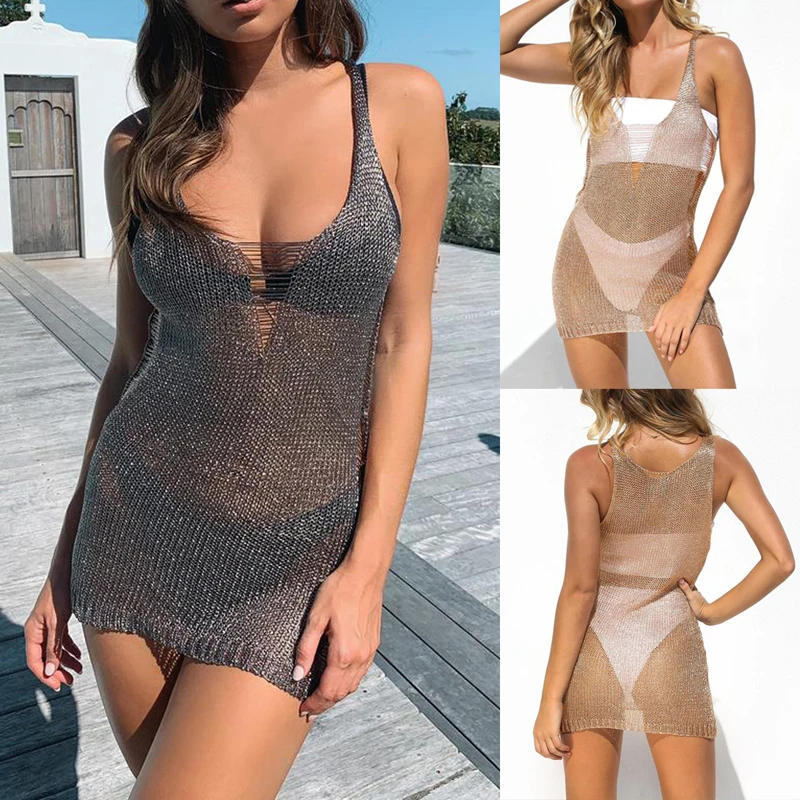 

Women Sexy Bikini Cover-up Swimsuit Covers up Mesh Sheer Mini Beach Dress Sarong Summer Wear Swimwear Loose Knit Halter Top