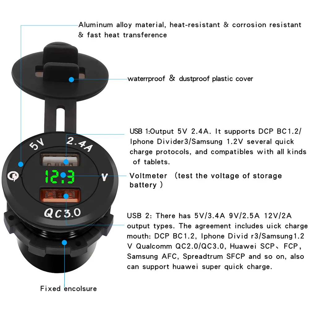 QC 3,0 автомобильный мотоцикл прикуриватель двойной USB разветвитель зарядное устройство адаптер светодиодный вольтметр гнездо из алюминиевого сплава для iPhone Android