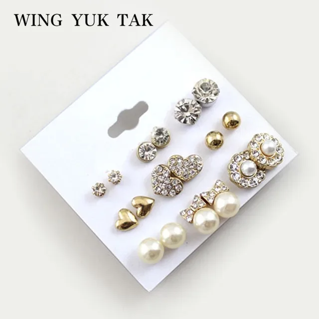 9 Pairs Set Earrings Fashion Elegant Shiny Gold Color 9 Pairs Set Earrings Fashion Elegant Shiny Gold Color Heart Crystal Pearl Flowers Stud Cute Earring Sets