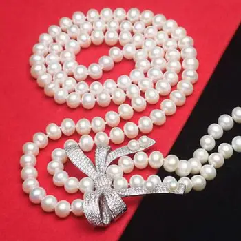 

free shipping AA 7-8mm white natural freshwater Pearl Necklace inlay zircon)