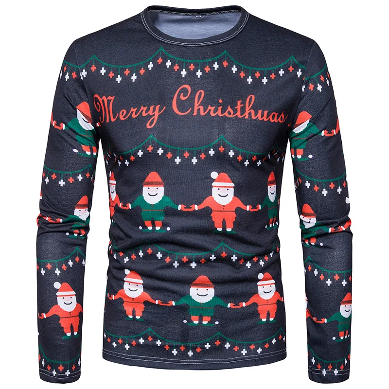 

2019 men's long-sleeved new Sweater fashion Christmas elf digital print Big Code men's Sweater Cotton O-Neck sweater coats