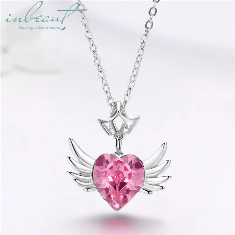

S925 Sterling Silver Pink Flying Heart Egg Pendant Necklace Original Design Female Zircon Wing Beads Chain for Women 925 Jewelry