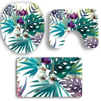 

Adeeing 3PCS Non-slip Bathroom Set with Tropic Plant Pattern O-shape Toilet Cover U-shape Mat Rectangle Carpet Decoration