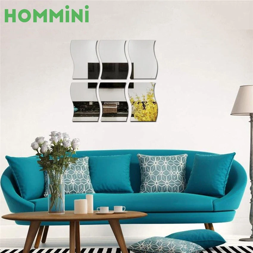 DIY 6 Pcs Waves Shape Self-adhesive 3D Mirror Wall Sticker Home Room Decal Decor