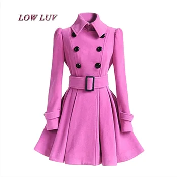 

7 Color Winter Belt Buckle Mid-Long Trench Double-breasted Women Dress Long Sleeve Casual Dresses Trench Wool Coat AL193