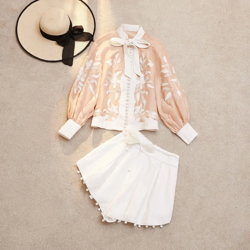 

EXCOSMIC Vacation Embroidery Top Bow Patchwork Floral Puff Sleeve Elegant Party Top Spring and Summer New Women's Blouse 2019SS