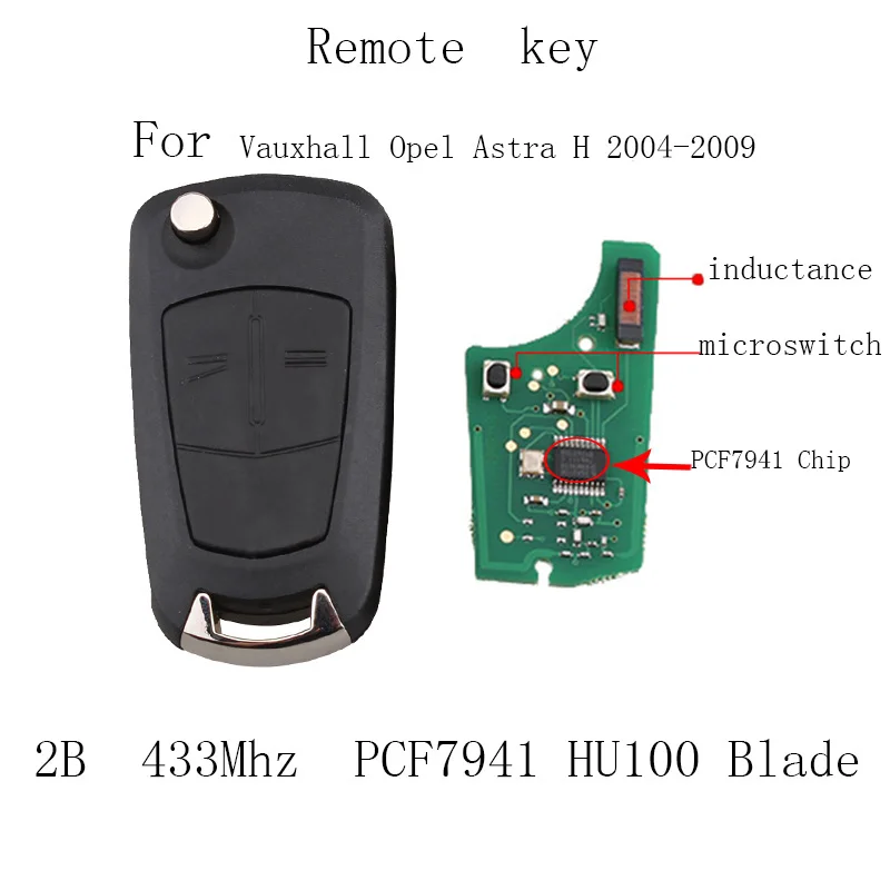 

Remote Key Fob 2 Button 433Mhz PCF7941 for Vauxhall Opel Astra H 2004 -2009 Car Key HU100 Blade