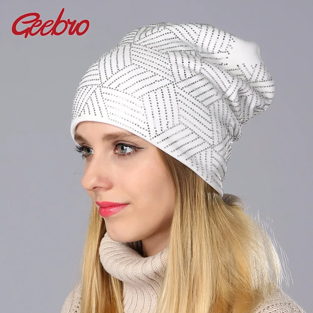 

Geebro Brand Women's Beanie Hat Casual Knitted Slouchy Beanie For Women Shine Rhinestones Beanies Balaclava Bonnet Cap Female