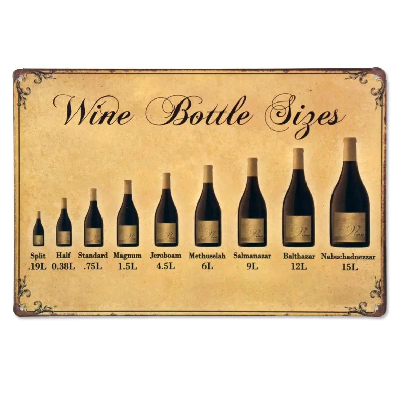 

Wine Bottle Sizes Metal Tin Signs Vintage Home Decor Shabby Chic Wall Poster Iron Plates Bar Cafe Pub Decoration 30x20cm A855