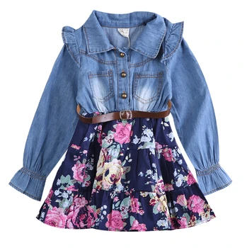 

Baby Girls Dress Cute Girls Cowboy DressesCotton Denim Jeans Flower Patchwork Dark Blue Autumn Clothes Kids