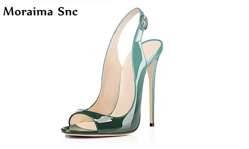 

Moraima Snc Newest sexy women sandals peep toe thin high heels slingback PU leather print Ankle strap buckle wedding shoes