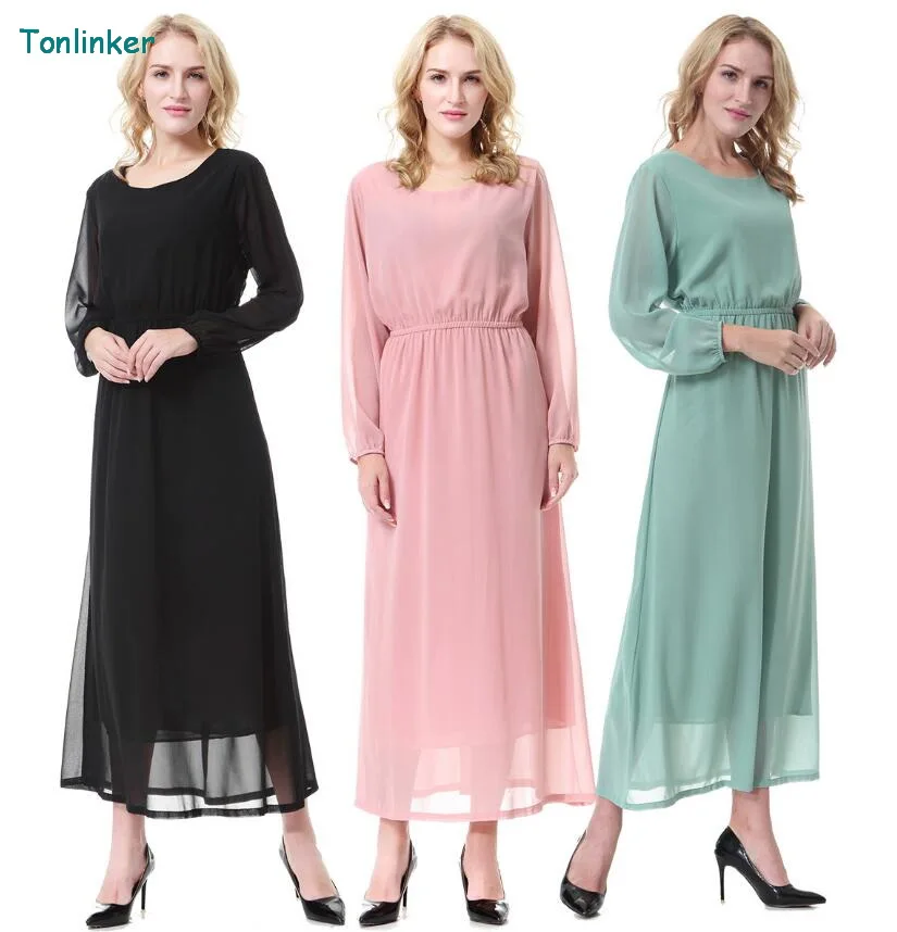 

Tonlinker 2018 Malaysia India Clothing Women elegant chiffon Muslim Dresses Maxi Dubai Abaya Jalabiya Islamic summer Women Dress