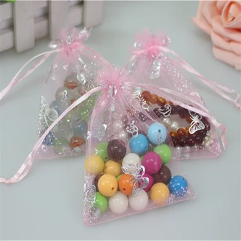 

Wholesale 100pcs/lot 7*9cm Pink Butterfly Small Organza Pouches Favor Wedding Bags Christmas Drawstring Organza Gift Bags