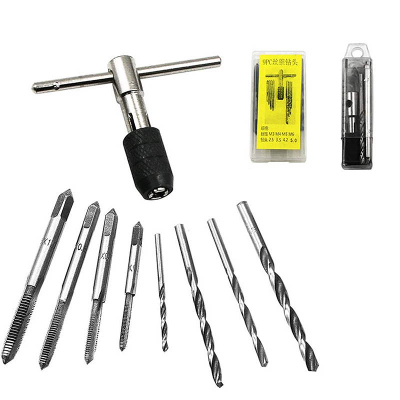 

URANN 9pcs/set M3-M6 High Speed Steel Tap wrench tapping set combination tap drill bit wrench