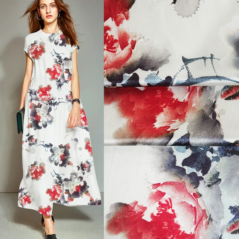 112 CM 40 MM Rood Grijs Bloemenprint Stretch Zware Zijden Stof voor Zomer Lente Jurk Blouse Rok Shirt Broek JH083 112 CM 40 MM Rood Grijs Bloemenprint Stretch Zware Zijden Stof voor Zomer Lente Jurk Blouse Rok Shirt Broek JH083