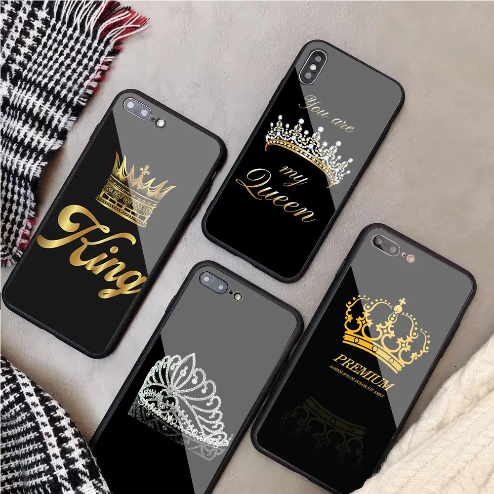 King Queen Роскошные закаленное стекло чехол для телефона iPhone 5 5C 5S SE 6 6S 6plus 7 7plus 8 8plus X XS