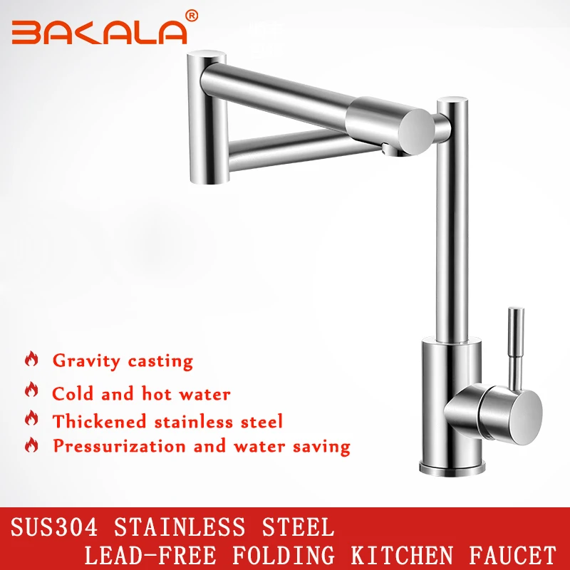  BAKALA 304 Stainless Steel Lead-free Folding Kitchen Faucet Mixer 360 Degree Swivel Single Handle N - 32956294356